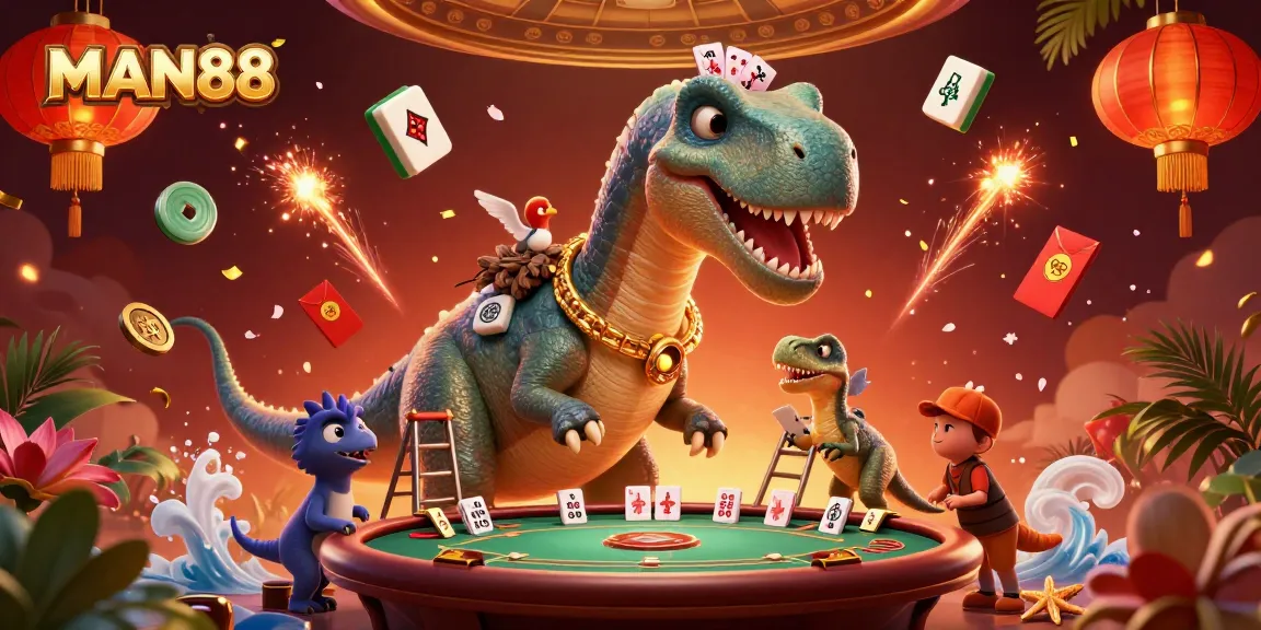 Engage in thrilling games at MAN88, where a playful dinosaur oversees a vibrant casino with exciting elements.