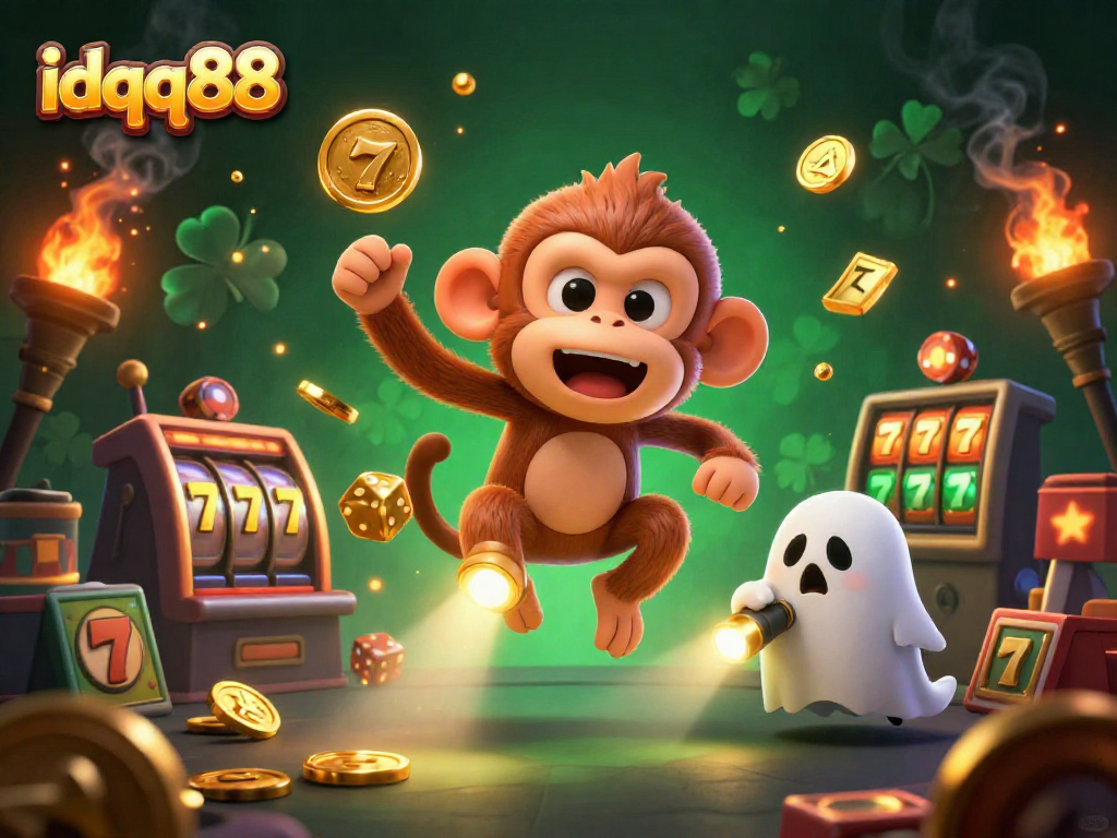 Experience thrilling wins with idqq88 as a playful poltergeist monkey juggles golden casino treasures.