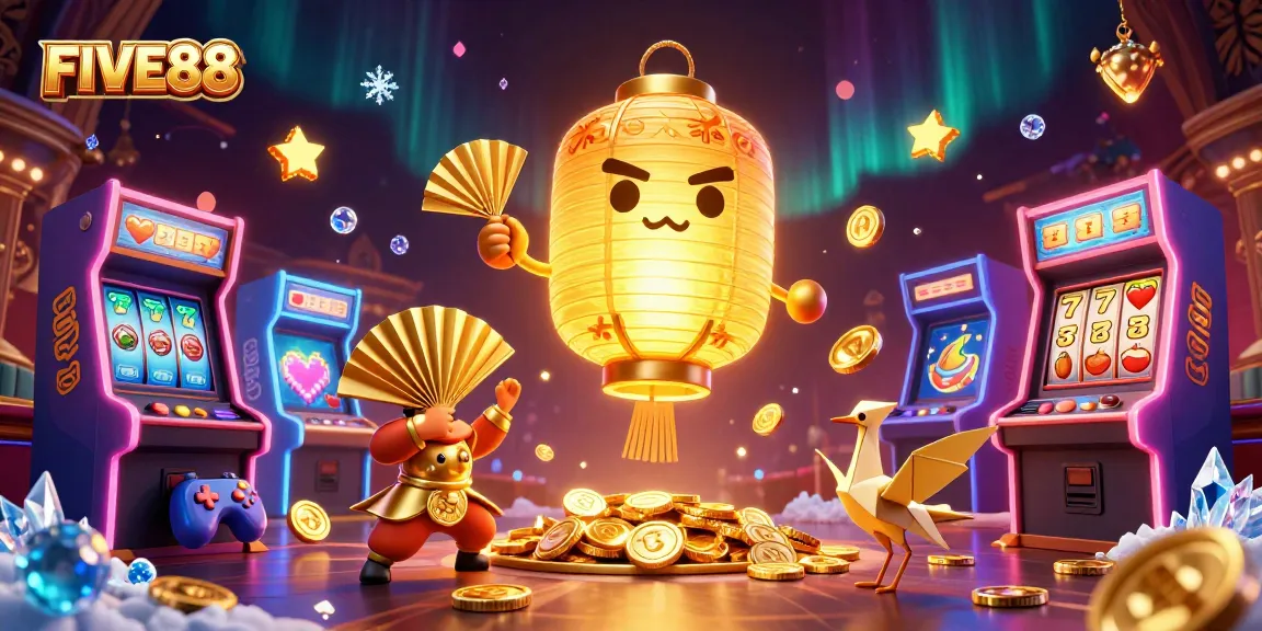 Experience immersive gaming adventures at FIVE88 with dynamic slot reels and vibrant casino elements.