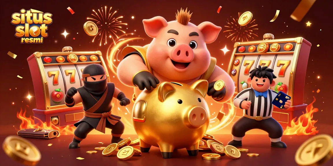 Experience excitement with situs slot resmi as golden piggy bank sumo wrestler and friends animate the scene.