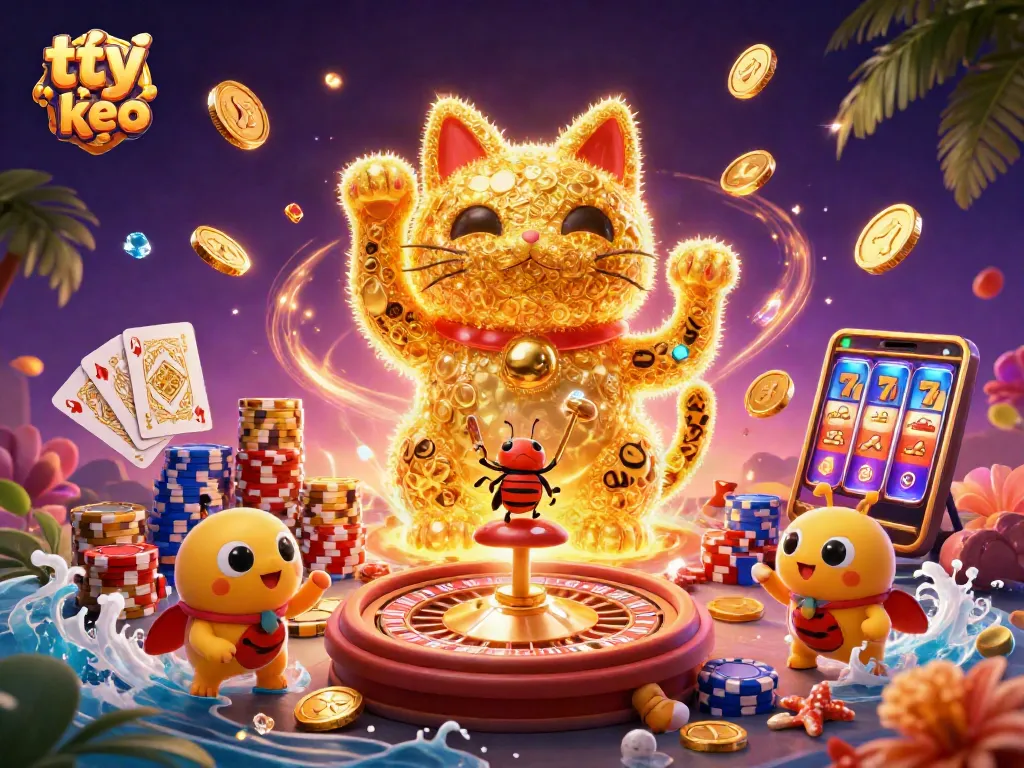 Engage with tỷ lệ kèo in a vibrant 3D casino scene showcasing a lucky cat and dynamic gaming symbols.
