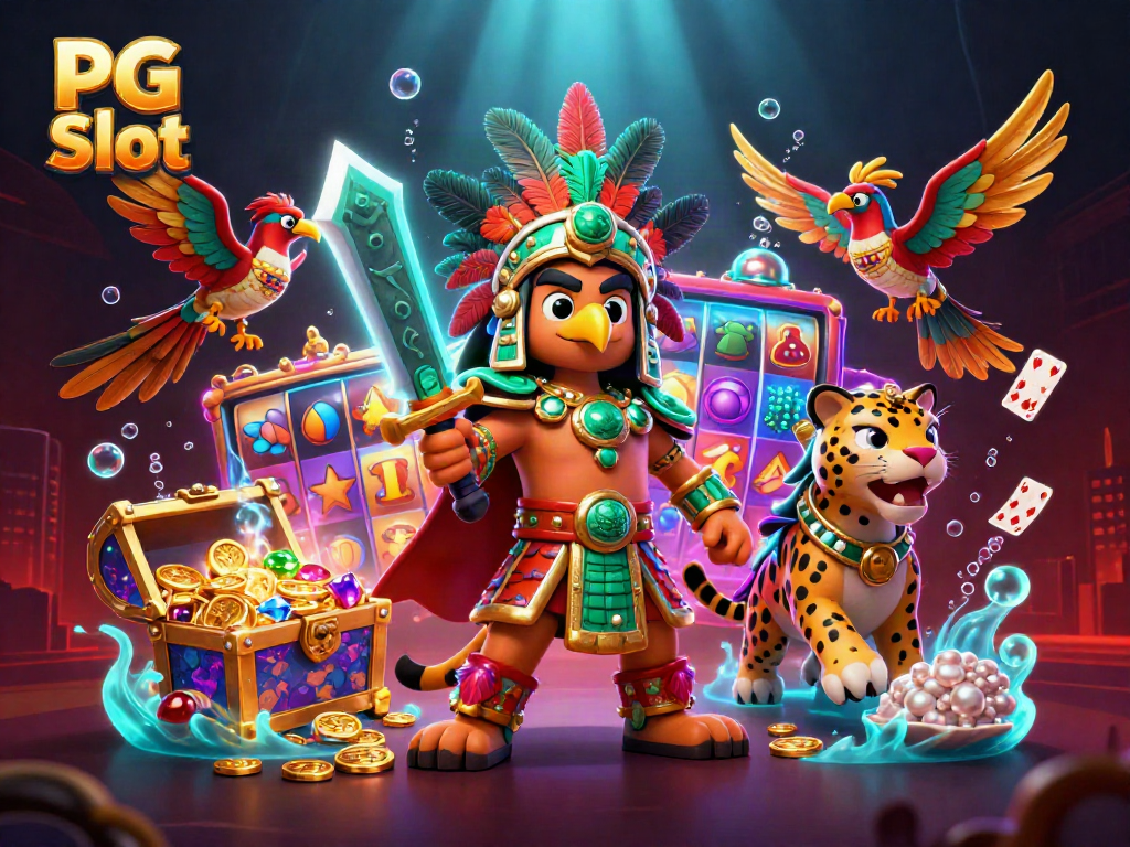 Engage in thrilling PG Slot adventures with cartoon Aztec warriors amidst vibrant casino elements.