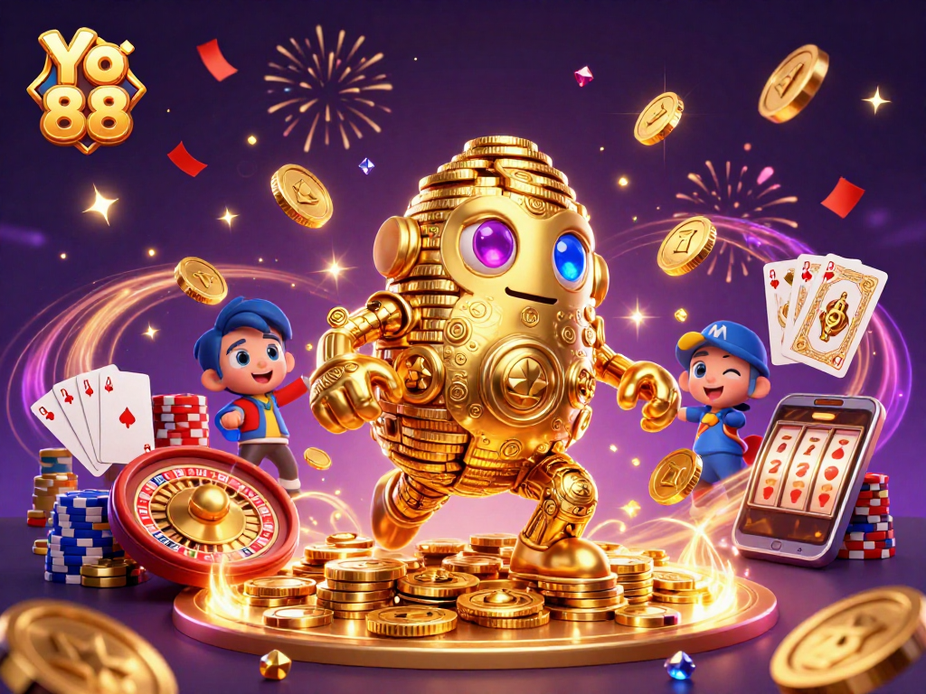 Experience excitement with Yo 88 as a golden golem brings casino action alive in a vibrant scene.