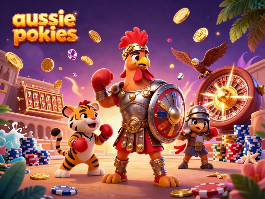 Aussie pokies action featuring vibrant characters and slot reels amidst cascading coins and gems.