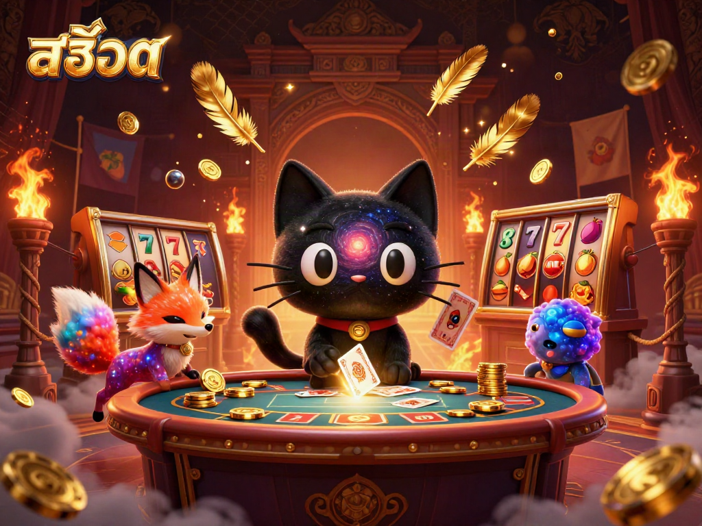 Experience thrilling สล็อต gameplay with a black hole cat and nebula fox in a vibrant casino scene.