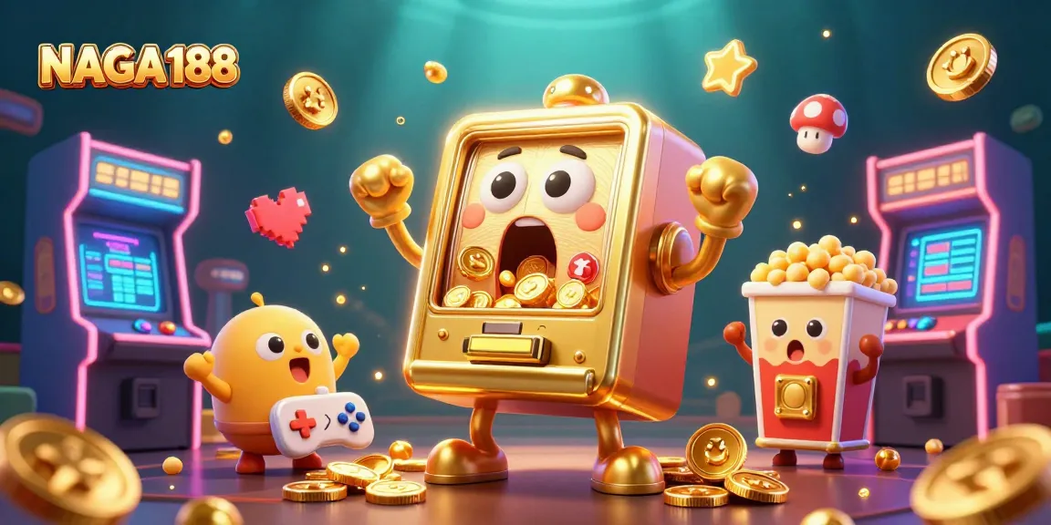 NAGA188 menampilkan mesin slot emas animasi bersukacita saat meraih jackpot dengan kerumunan mesin slot kecil di sekitarnya.