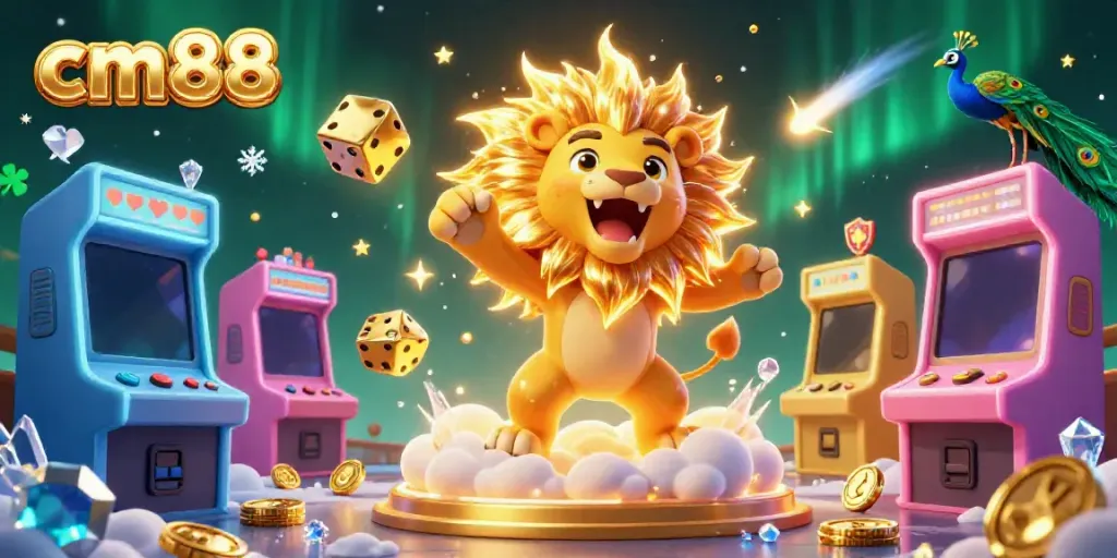 Engage in thrilling casino excitement with cm88 amidst vibrant game elements and golden visuals.