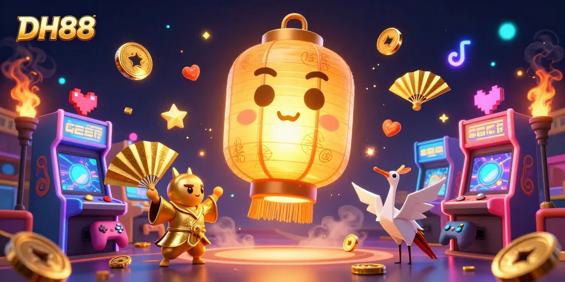 Experience the vibrant thrill of gambling with DH88, featuring a golden spirit amidst dynamic arcade games and lucky symbols.