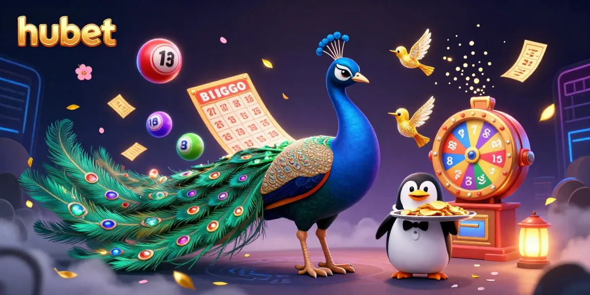 Experience winning with hubet's vibrant casino scene featuring a peacock and playful elements.
