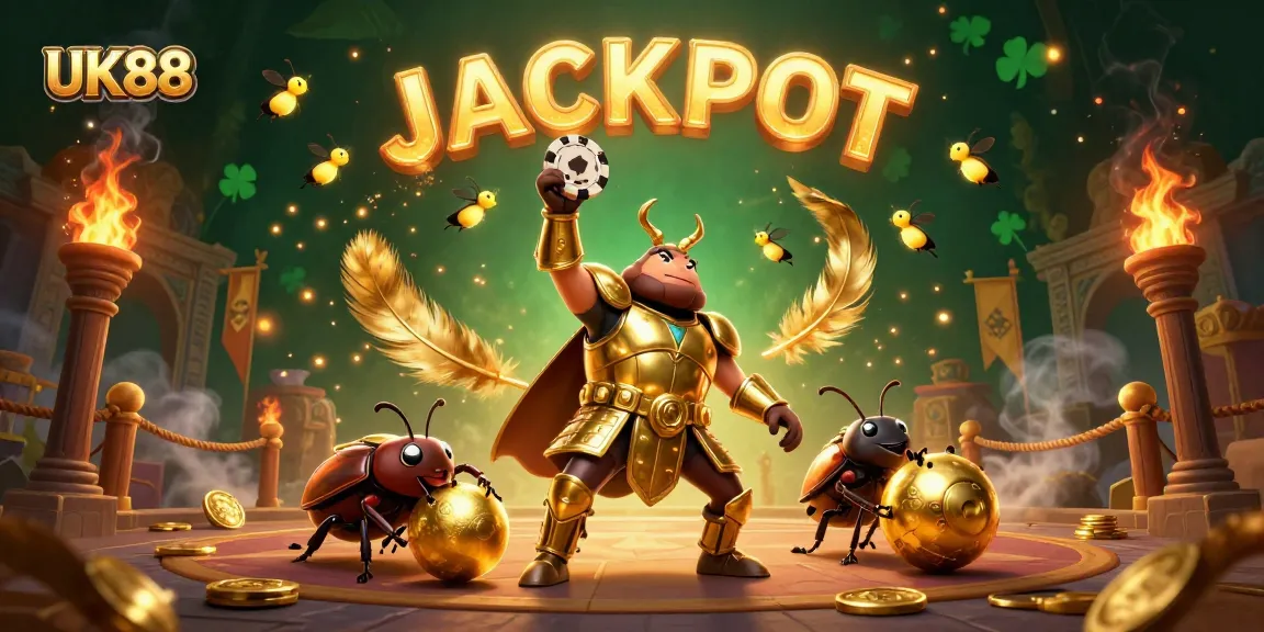 Experience excitement with UK88's victorious beetle and golden elements in this dynamic illustration.