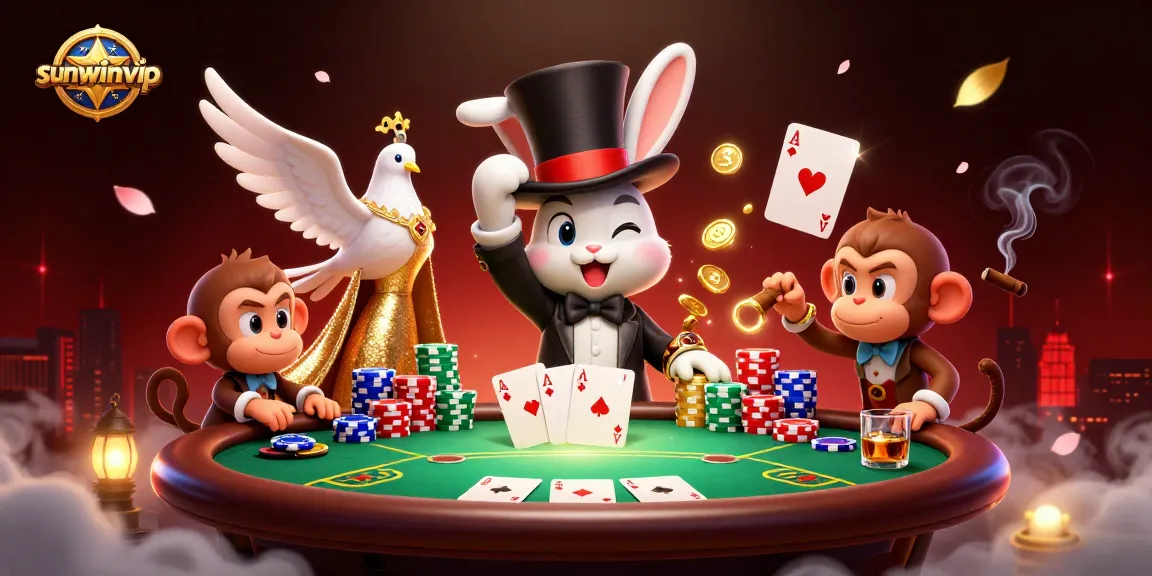 Experience sunwinvip's thrilling games with a magician rabbit, dove assistant, and a playful monkey at a dynamic poker scene.