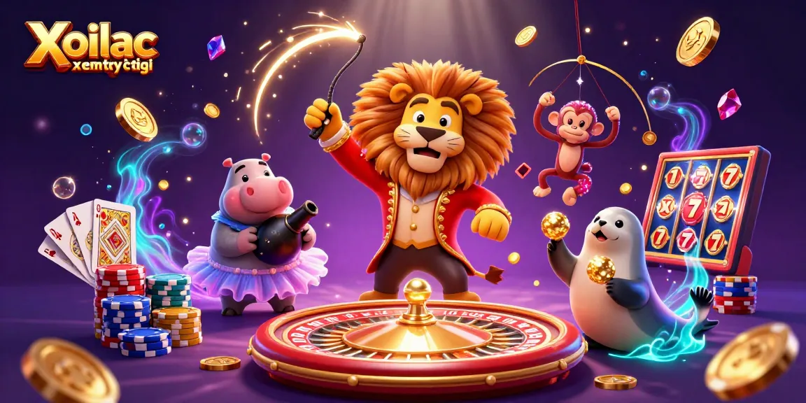 Xoilac xem trực tiếp features a lively circus-themed casino illustration with vibrant characters and slot elements.