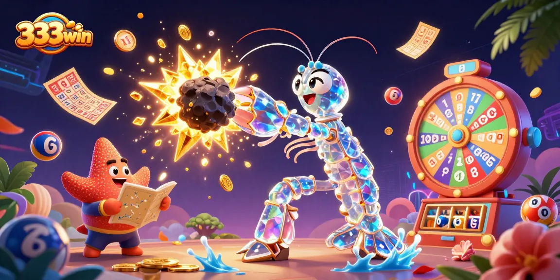 Engage with exciting 333win action as vibrant lottery elements and underwater treasures explode in this 3D illustration.