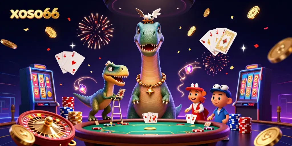 Experience thrilling moments at xoso66 casino with a fun dinosaur dealer and vibrant game elements.