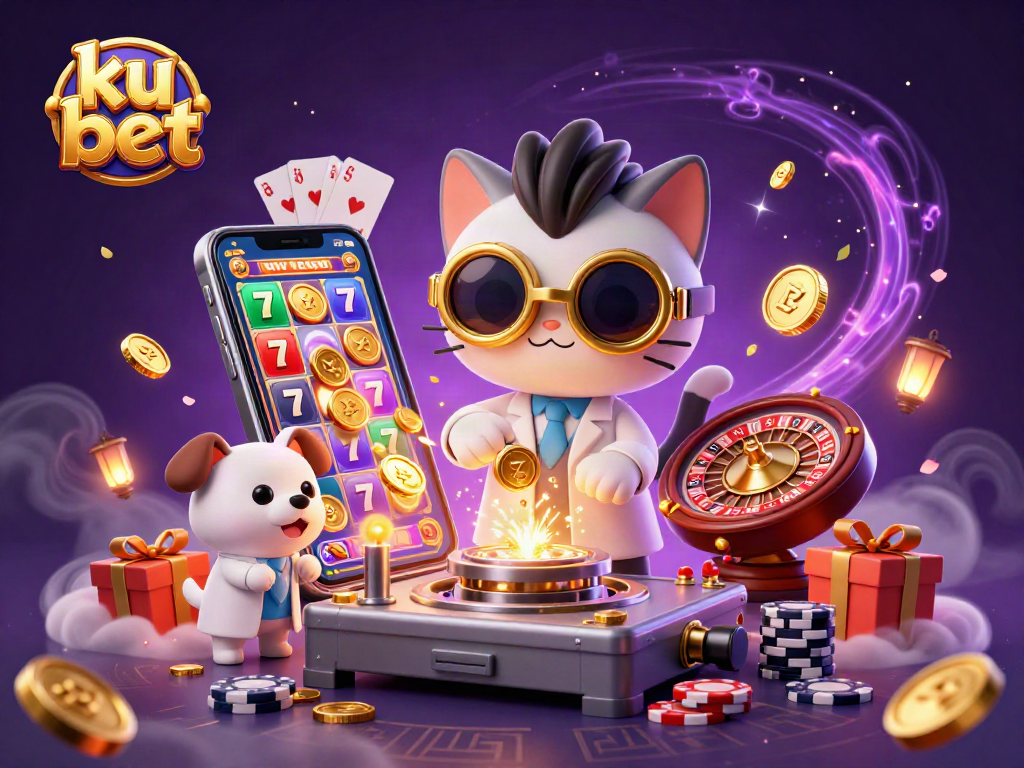 Engage with ku bet's vibrant 3D casino illustration featuring a mad scientist cat and dog amidst slot games and golden coins.