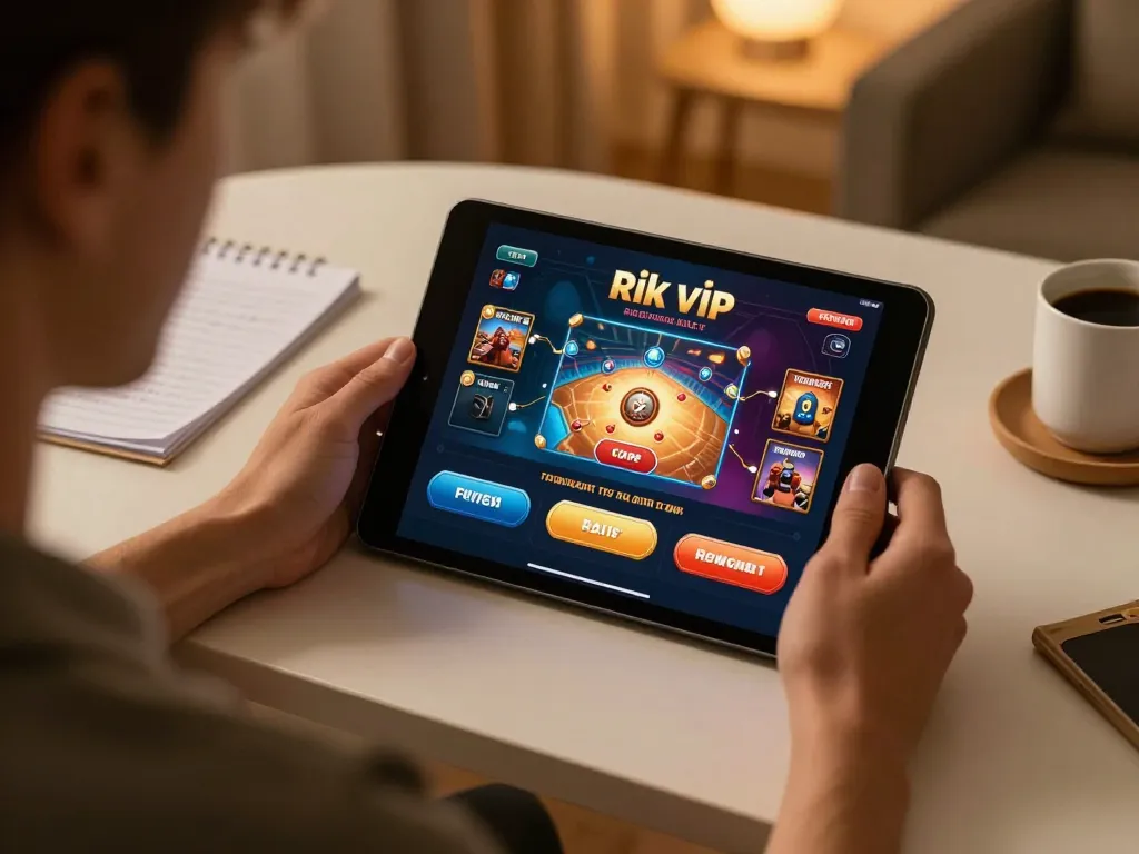Player enjoying rik vip online gaming on a tablet with strategy notes and warm ambiance
