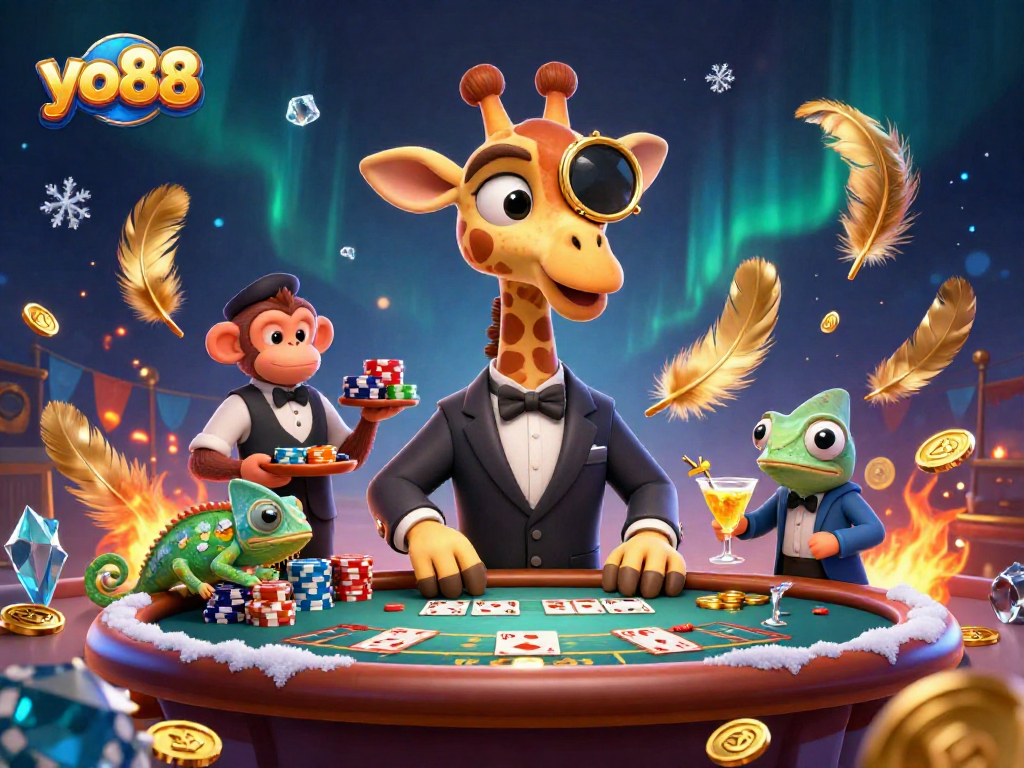 Experience the thrill of yo88 with a cartoon giraffe high-roller at a vibrant poker table.