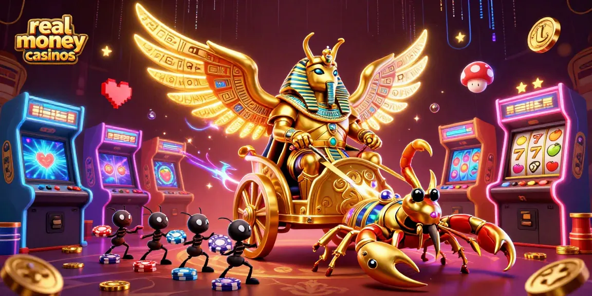 Experience thrilling action at real money casinos with a vibrant 3D casino scene featuring a golden scarab and scorpions.
