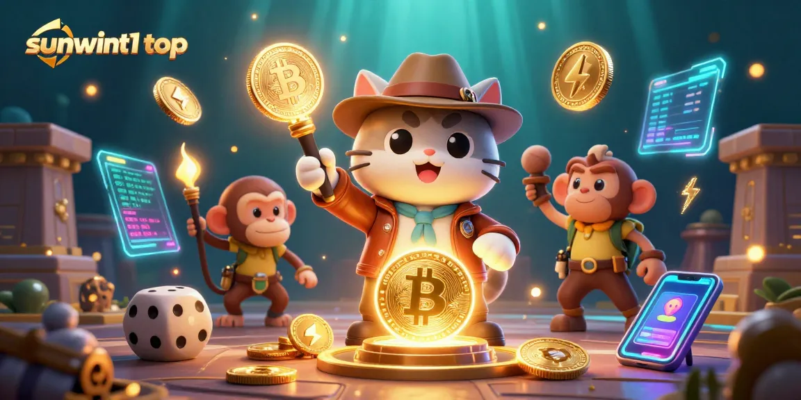 Experience thrilling gaming adventures with sunwint1 top in a vibrant illustration featuring crypto elements.