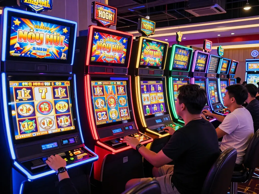 Engaged players celebrating wins while spinning nổ hũ slot machines in a vibrant casino atmosphere.