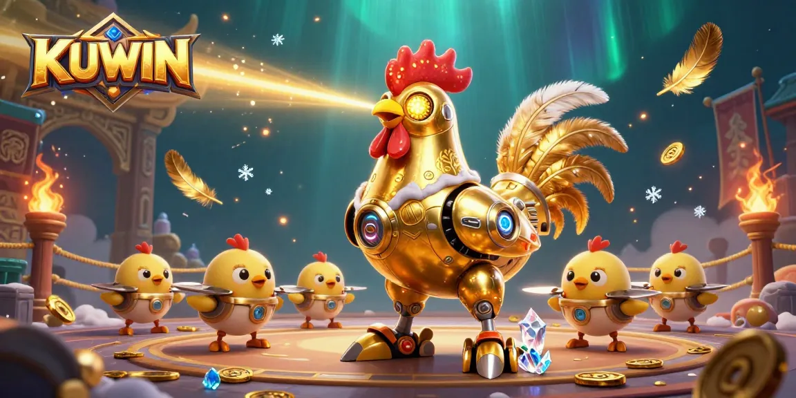 KUWIN’s golden rooster robot shooting lasers, surrounded by gold coins and vibrant casino elements.