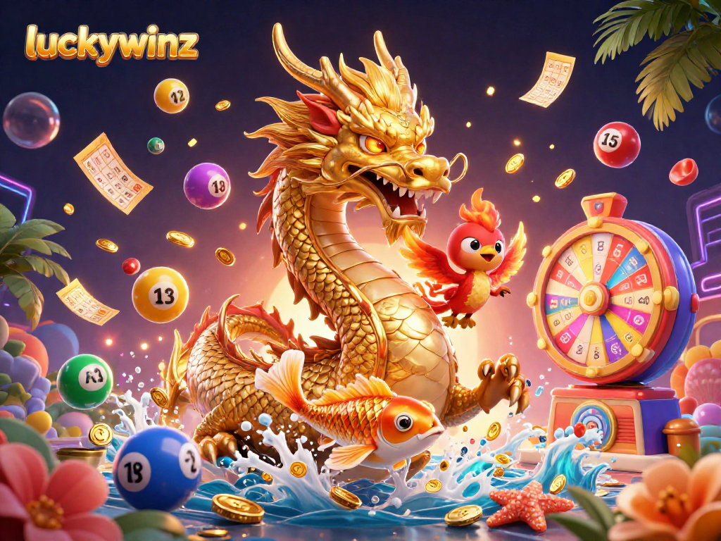 Engage in thrilling adventures with luckywinz featuring a golden dragon and vibrant casino elements.