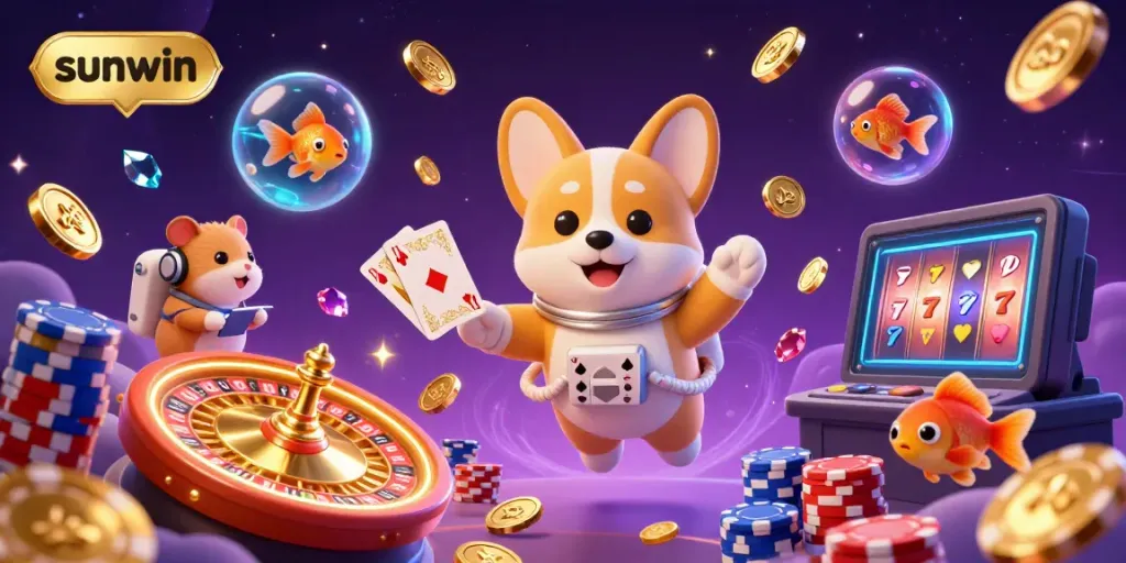 Join the adventure with sunwin as a floating astronaut corgi navigates a space casino filled with treasures.