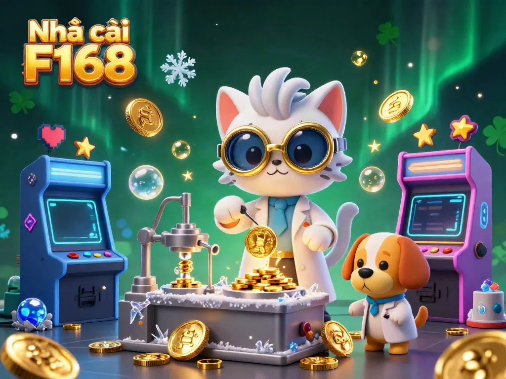Engage in thrilling gameplay at Nhà cái F168 with vibrant casino elements and dynamic cartoon characters.