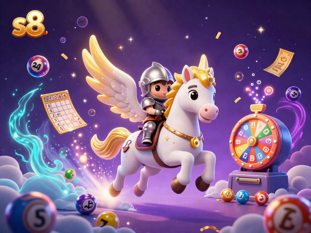 Experience thrilling gaming action at S8 with vibrant elements like lottery balls and prize wheels.