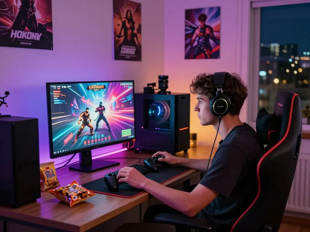 Engaged gamer immersed in a game sex experience in a cozy room setting.