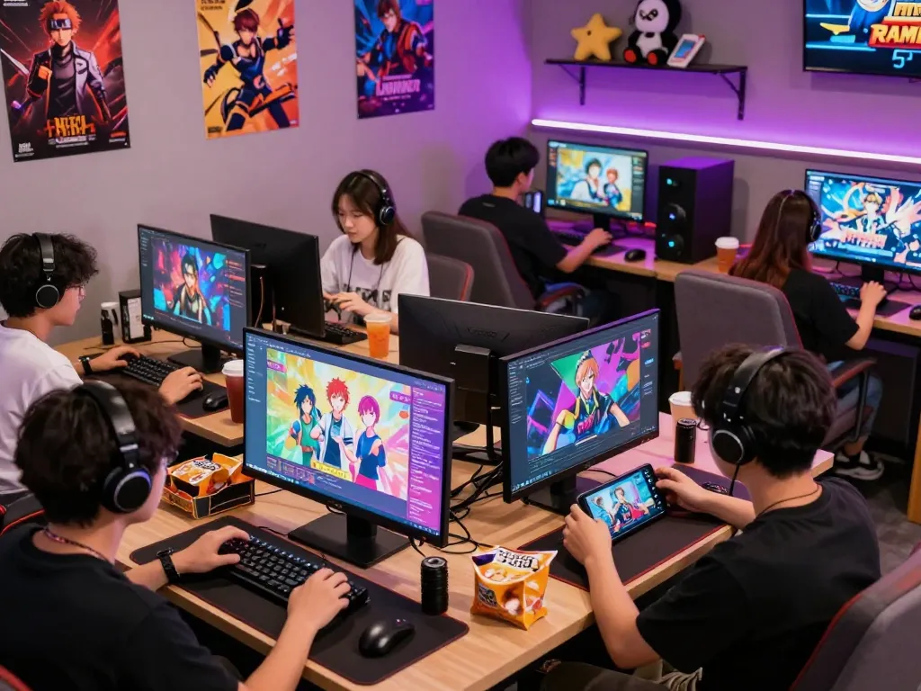 A lively gaming lounge with players enjoying html porn games on various devices, showcasing an engaging and inviting atmosphere.