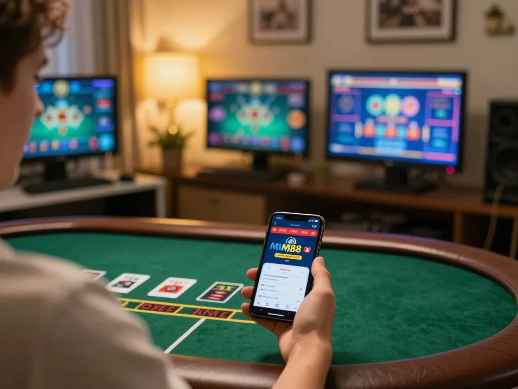 Player engaging in live blackjack on MM88 app at home, highlighting online gambling excitement.