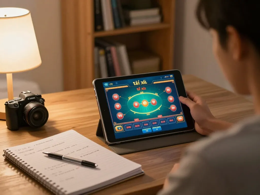 Playing the game tài xỉu on a tablet during a cozy home setting, showcasing strategy notes.