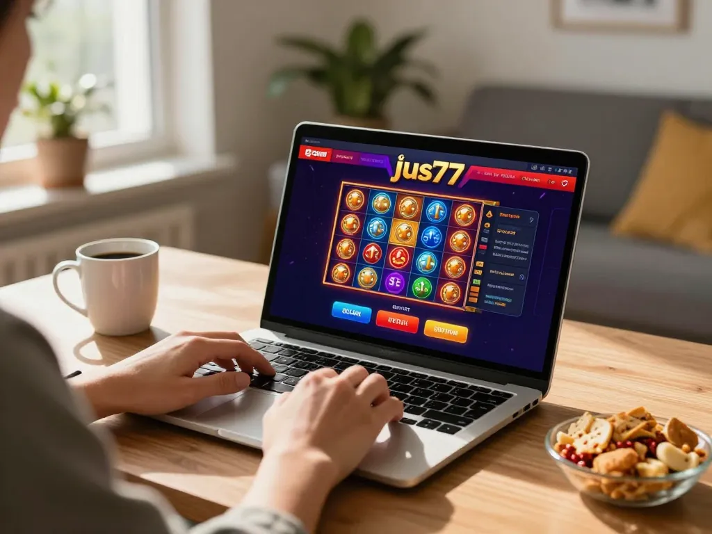 Engaging online gambling moment using jus77 platform for vibrant slot gameplay at home.