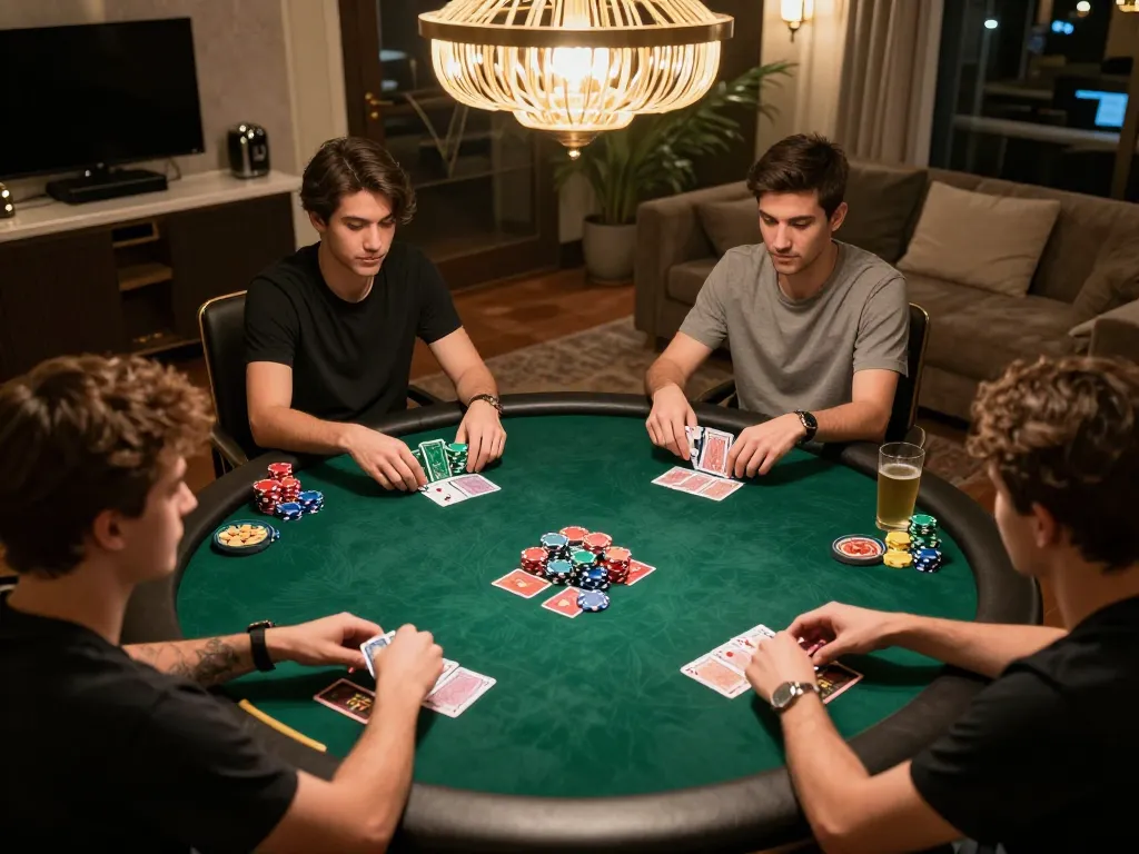 Poker players enjoying a thrilling game at home while using strategies from 98win.com.