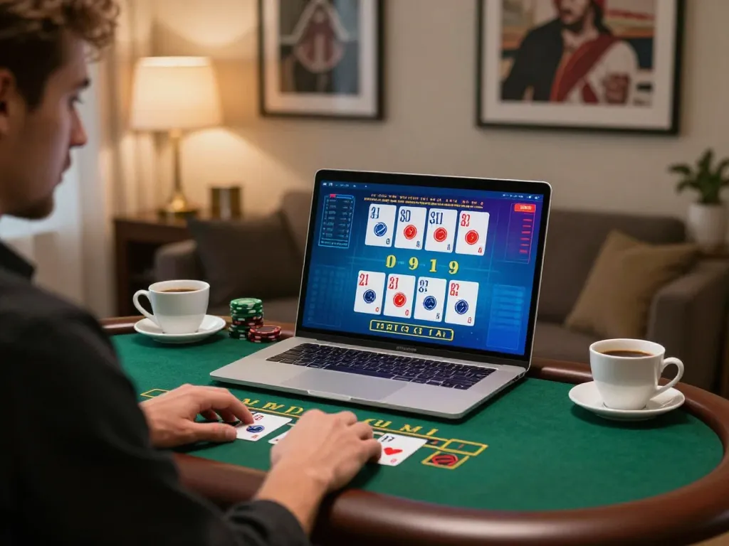 Player engaging with Vipwin live dealer blackjack on a laptop, showcasing strategic gameplay and cozy home environment.