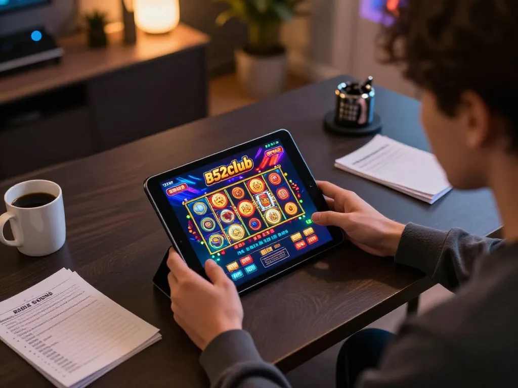 Bidding strategically on b52club's engaging online slot games from a stylish home office setup.