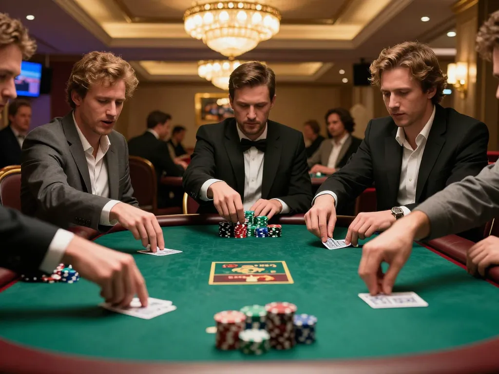 FA88 players celebrate a winning hand in an upscale casino poker game with vivid atmosphere.
