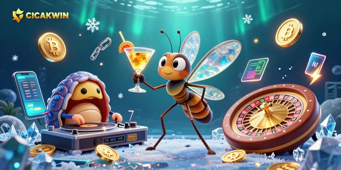 CICAKWIN showcases an animated casino scene featuring vibrant characters and crypto influences for thrilling gameplay.