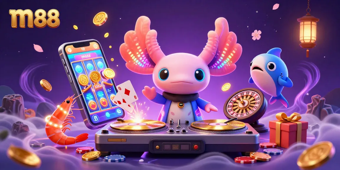 Engage with m88's vibrant casino scene featuring a DJ axolotl and animated sea life celebrating wins.