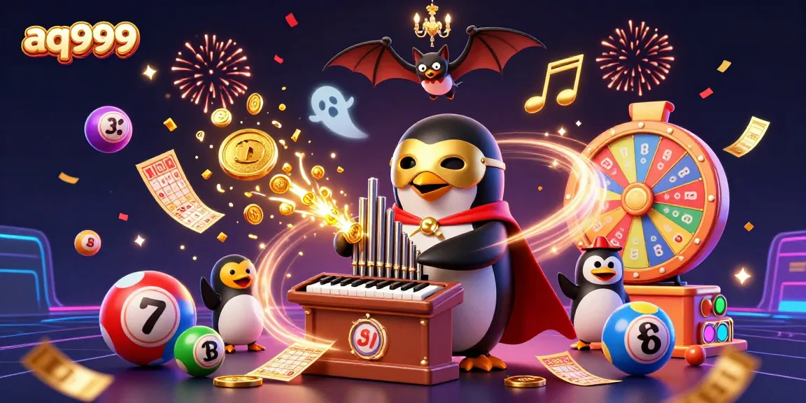 Aq999 penguin playing a pipe organ with flying coins, surrounded by colorful lottery elements.