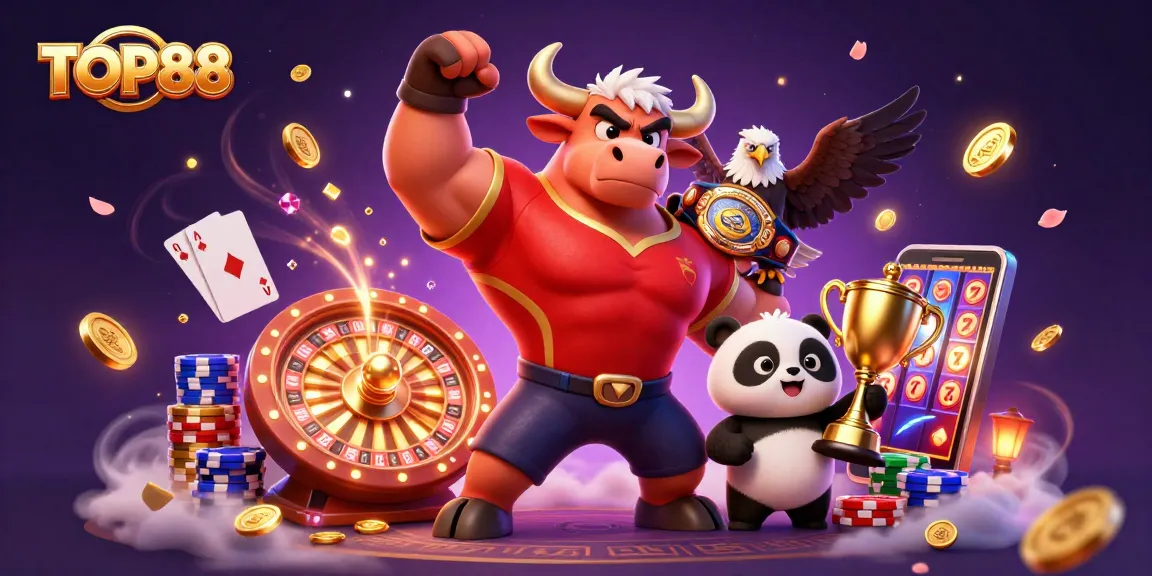 TOP88 wins big with a dynamic scene showcasing exciting casino elements and characters.