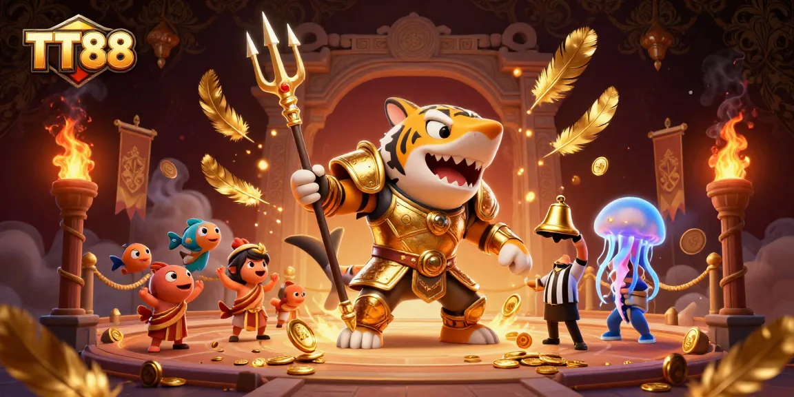 Experience thrilling action at TT88 with a digital illustration of a gladiator-themed underwater battle arena.