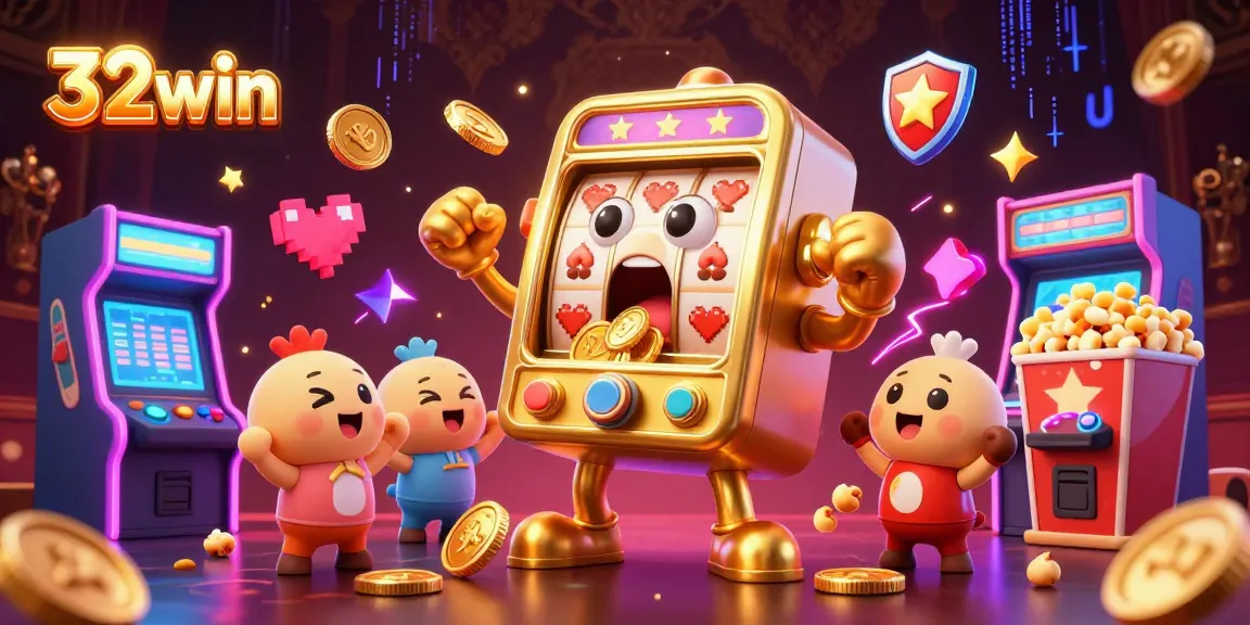 Experience excitement with 32win's golden slot machine celebrating a jackpot amidst dynamic gaming elements.