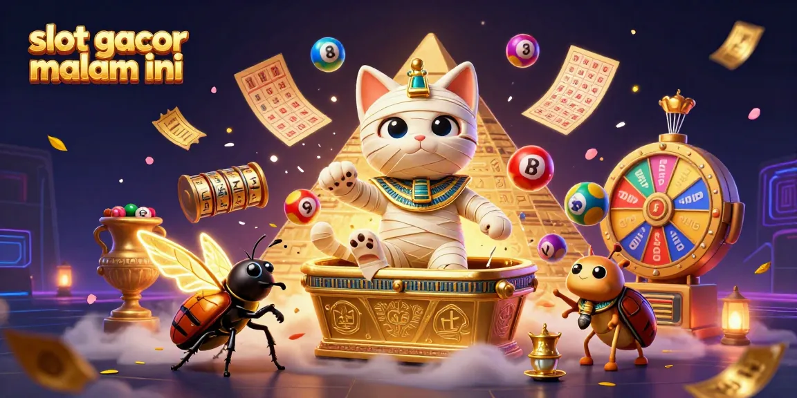 Play and win with slot gacor malam ini in a vibrant 3D Egyptian casino scene filled with thrilling game elements.
