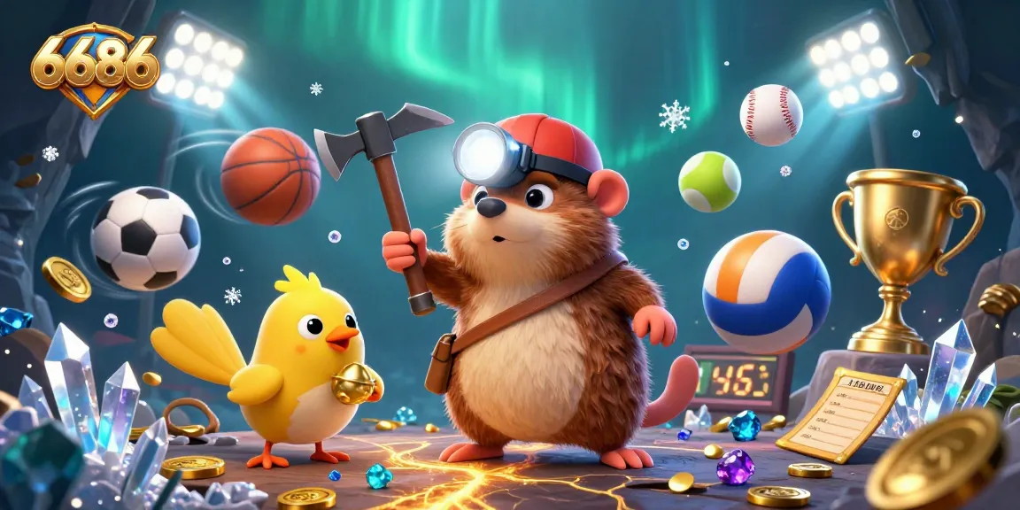 Engage in thrilling sports betting adventures with 6686, featuring a treasure hunter mole and dynamic sports elements in a glimmering setting.