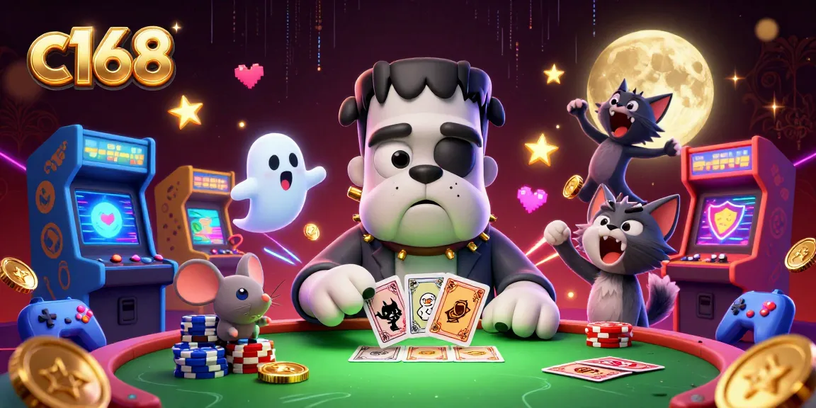 c168 casino scene with cartoon characters playing cards and vibrant gaming elements