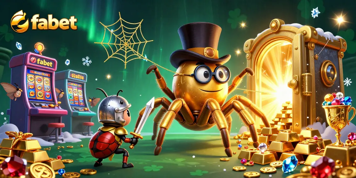 Experience thrills at fabet with a captivating 3D golden tarantula character weaving luck in a vibrant casino.