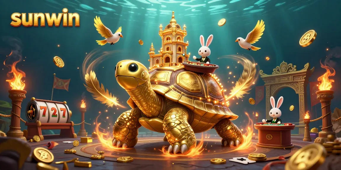 Experience an exhilarating game at sunwin: a vibrant 3D scene with a playful tortoise casino and rabbit dealer.