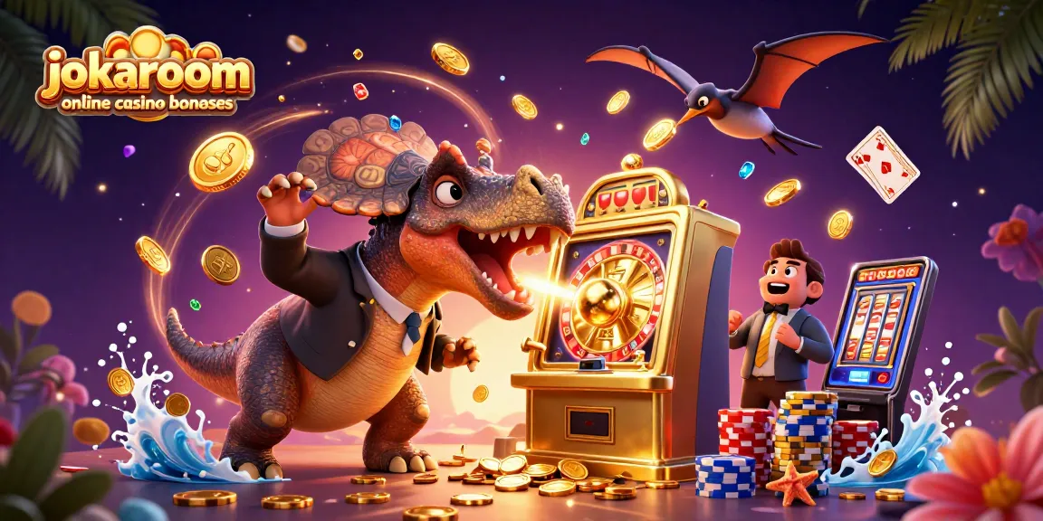 Experience fun with jokaroom online casino bonuses as a dinosaur claims jackpot coins from a golden slot machine.